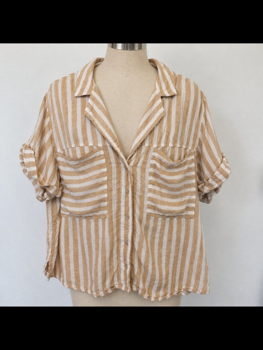 Beige and White Striped Button-Down Shirt